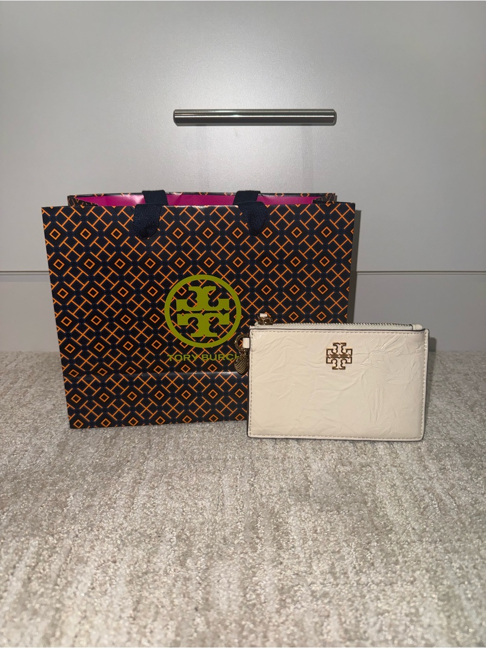 Tory Burch Cream Leather Zip Card Case with Gold Logo